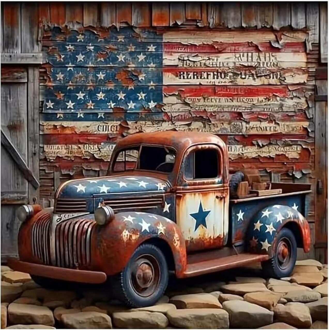 Stamped American Flag Truck Cross Stitch Kit (14" x 14") – 11CT Pre-Printed Embroidery Set for Beginners & Adults – Complete Arts & Crafts Project with Cotton Thread & Tools